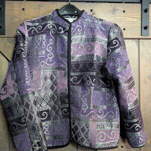 Serengeti's size L lightweight, open-front, tapestry jacket;pink, purple, silver